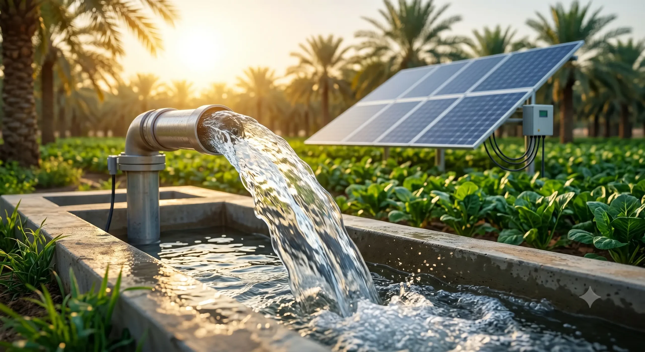 تدفق غزير للمياه العذبة من غطاسات الطاقة الشمسية لتروي الأراضي الزراعية في محطة طاقة متطورة.